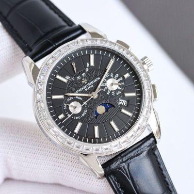 Vacheron Constantin Patrimony 9100 Movement Black Cowhide Leather Strap 42mm for Men Silver Case Watch